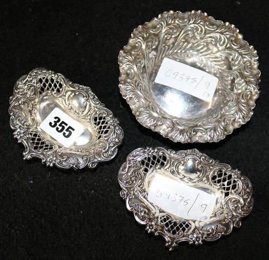 Pair silver bon bon dishes and 1 other (3)